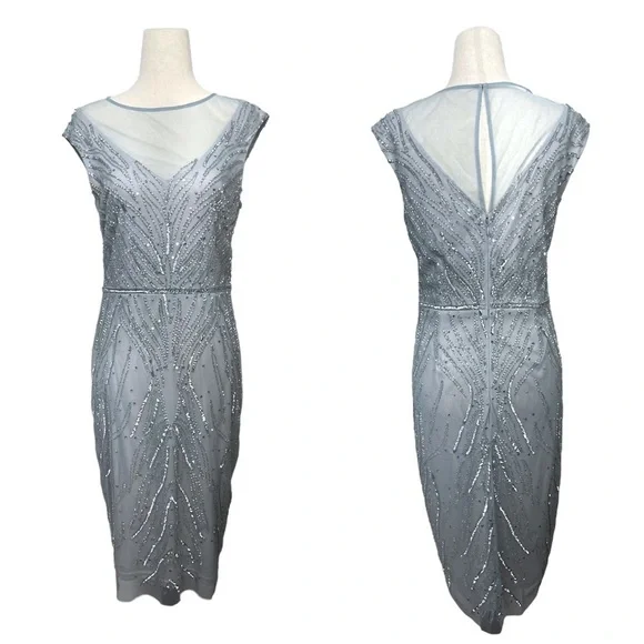 Adrianna Papell Beaded Sheer Midi Cap Sleeve Cocktail Dress in Heather Size 6